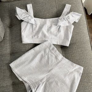 Bettie Page Light Blue and White Striped Two-Piece Shorts Set